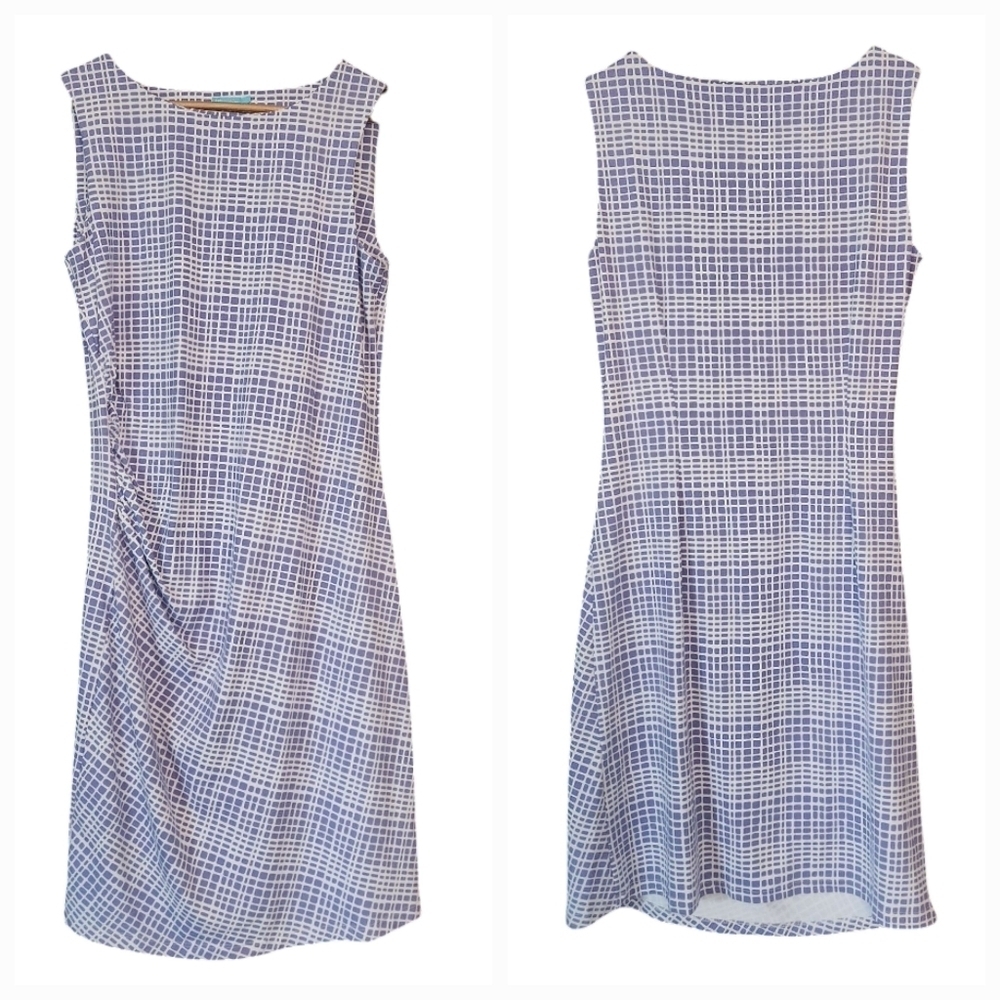 J. McLaughlin Sleeveless Dress Ruched Check Print Boatneck